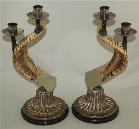 Anthony Redmile. A pair of rams horn and silver plated candlesticks, 14.25in.